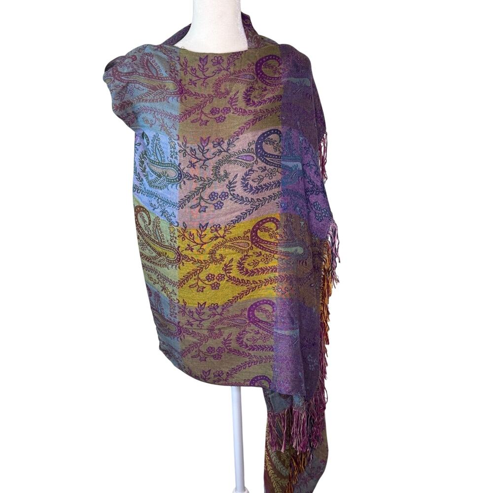 Chicos Two Sided Paisley Striped Fringe Scarf 100% Rayon